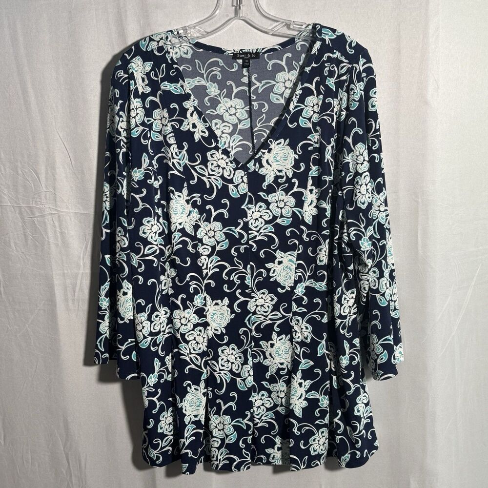 Sami & Jo Plus 3X Floral Top Navy Teal Peplum Stretch Blouse Tunic Career